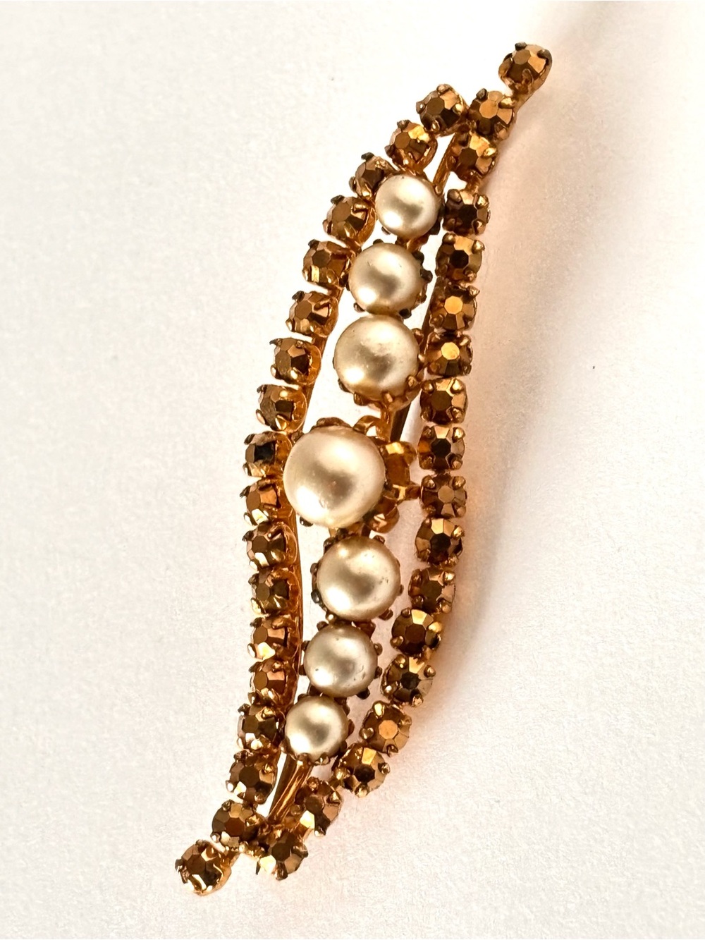 VTG Rhinestone Glass & Faux Pearl Brooch MCM Gold Tone Metal 1960's